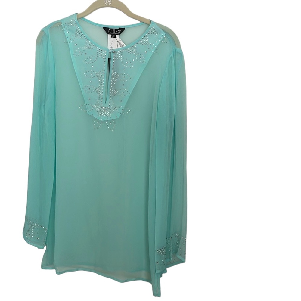 NWT Vintage ABS Allen Schwartz Silk Beaded Tunic Blouse Aqua S